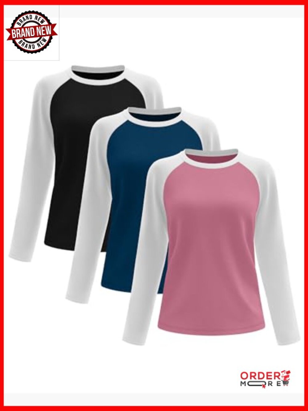 3 Pack Women's Long Sleeve Baseball Tees, Crew Neck Tunic Tops Loose Fit - Picture 3 of 7